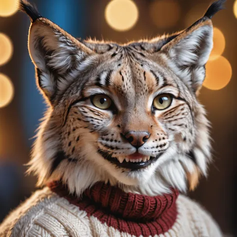 detailed closeup photo of a lynx wearing a wool sweater, fangs, smiling, high quality photography, 3 point lighting, flash with ...