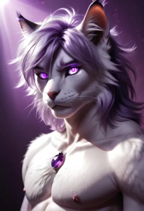 1boy (furry, anthro male, (cat)(feline)) body fur, silver fur, a shock of purple hair, ((Voluminous hair)) and (glowing purple e...