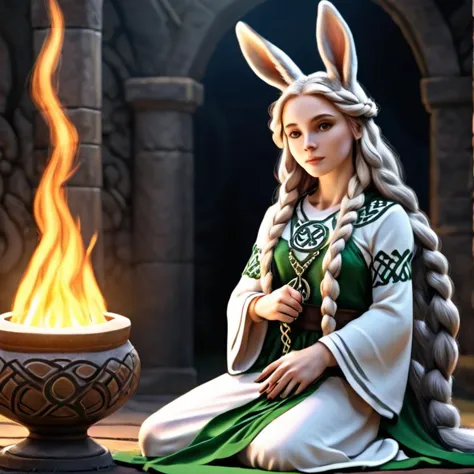 celtic priestess, furry rabit, 1girl, goddess, triple goddess, beautiful woman, pure maiden, wise crone,
very long hair, braided hair, Celtic knot work, raid hair,  celtic braids, dramatic lighting, 
4k, 8k, hires, absurdres, cuteness overload:1.1
fire, fertility, poetry, healing
( <lora:JessicaRabbit_character-20:1> jessicawaifu,  <lora:Judy (lora):1> judy)