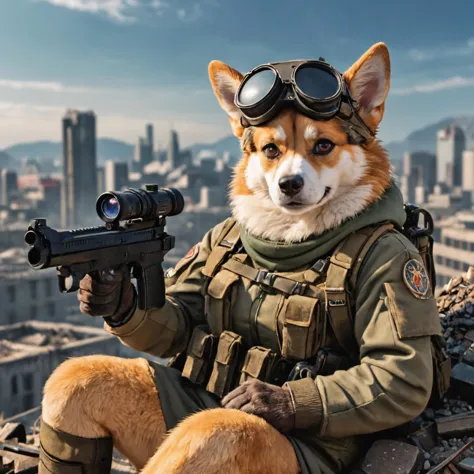 arafed corgi dog dressed in military gear holding a gun