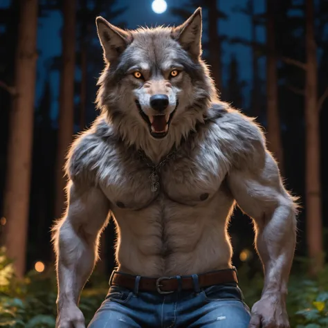 detail photo masterpiece, best quality, furry anthro male wolf, in a forest at night, ((detailed fluffy full body fur)),, wolf tail, fangs, epic night sky, full moon, wearing jeans, high quality photography, 3 point lighting, flash with softbox, 4k, Canon EOS R3, hdr, smooth, sharp focus, high resolution, award winning photo, 80mm, f2.8, bokeh