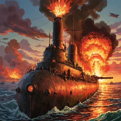 a painting of a submarine in the ocean with a lot of smoke coming out of it