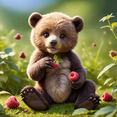 there is a bear that is sitting in the grass with raspberries