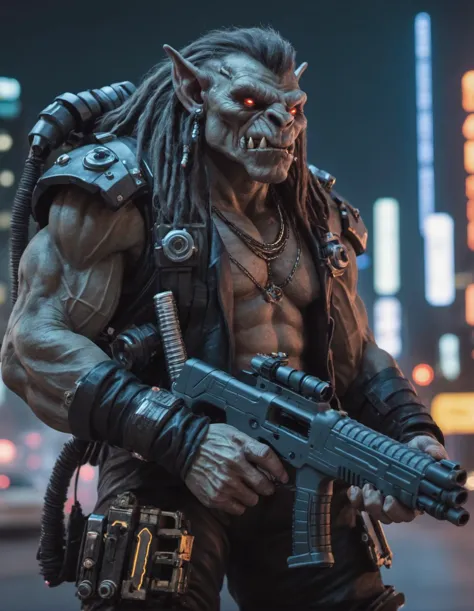 Foto en primer plano de un troll de montaña cyberpunk en la ciudad nocturna sosteniendo un arma futurista
