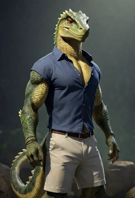 anthro, (<[Tyrannosaurus:argonian:.85]> and <[skink:argonian:.85]>) standing close, ((friendly expression)), male, thick beefy b...