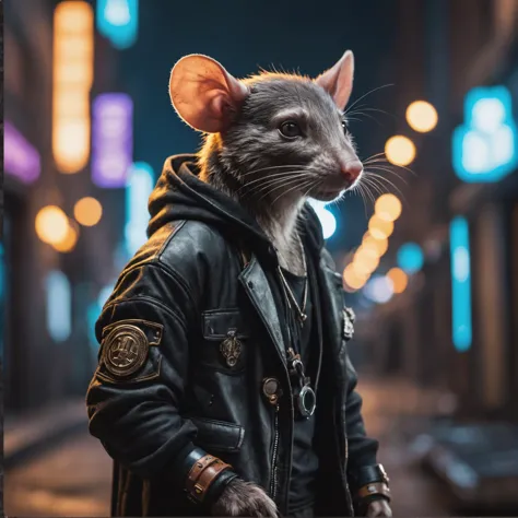 Cyberpunk anthro rata macho vistiendo ropa cyberpunk en una ciudad destruida . poca profundidad de campo, Viñeta, muy detallado, alto presupuesto, bokeh, cinemascope, malhumorado, épico, espléndido, grano de la película, granoso, fotografía de alta calidad, iluminación de 3 puntos, flash con caja de luz, 4k, Canon EOS R3, hdr, Liso, enfoque nítido, Alta resolución, foto premiada, 80mm, f2.8, bokeh