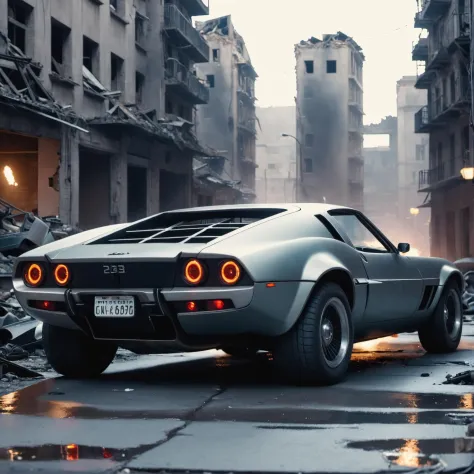 cinematic film still an futuristic cyberpunk, dieselpunk sports car in a destroyed city after an nuclear blast . shallow depth o...