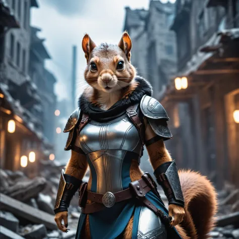 cyberpunk female  squirrel  wearing viking outfit in a destroyed city . shallow depth of field, vignette, highly detailed, high ...