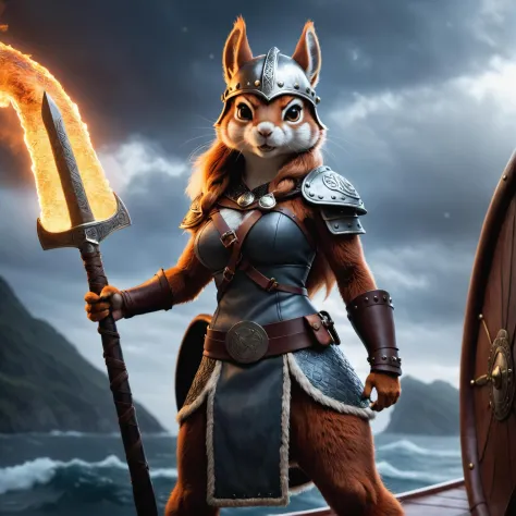 epic  closeup of an angry anthro female  squirrel, fluffy full body fur  wearing viking  helmet and outfit, standing a on a viking ship holding a viking sword with glowing runes , fire , smoke, stormy sea, shallow depth of field, vignette, highly detailed, high budget, bokeh, cinemascope, moody, epic, gorgeous, film grain, grainy, high quality photography, 3 point lighting, flash with softbox, 4k, Canon EOS R3, hdr, smooth, sharp focus, high resolution, award winning photo, 80mm, f2.8, bokeh