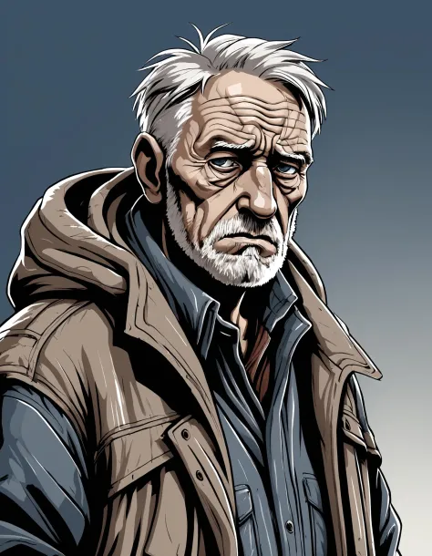 vector graphics artwork lineart  of an sad old man wearing post apocalyptic clothes dystopian setting george orwell 1984 style, detailed, realistic, 8k uhd, high quality