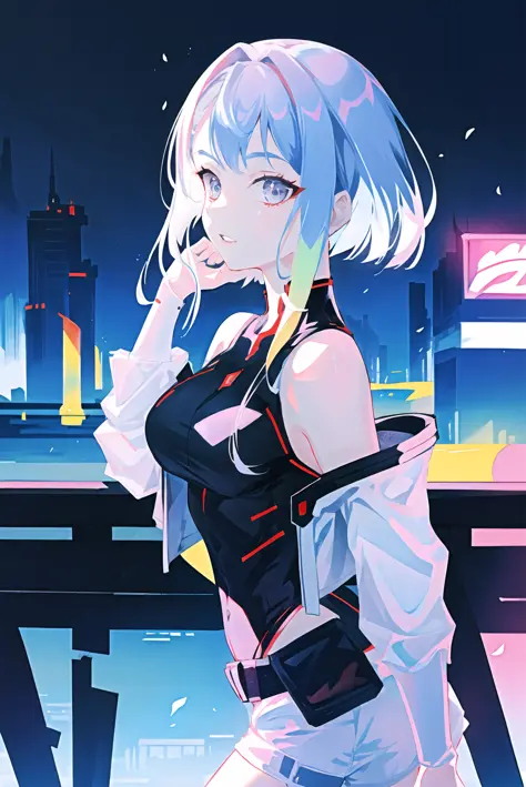 atdan,
lucy \(cyberpunk\), 1girl, against railing,white hair,  arm rest, bangs, bare shoulders, belt, black belt, black leotard, black pants, blurry, bob cut, breasts, building, cityscape, clothing cutout, cropped jacket, cyberpunk, depth of field, from side, gradient eyes, grey eyes, grey hair, jacket, leotard, lips, long sleeves, looking afar, looking ahead, mechanical parts, medium breasts, multicolored eyes, multicolored hair, night, night sky, off shoulder, open clothes, open jacket, outdoors, pants, parted lips, railing, red eyeliner, science fiction, short hair with long locks, short shorts, shorts, sidelocks, sky, solo, standing, teeth, thigh cutout, (portrait), upper teeth only, white jacket, white shorts, cyberpunk \(series\), cyberpunk edgerunners ((masterpiece)), absurdres

