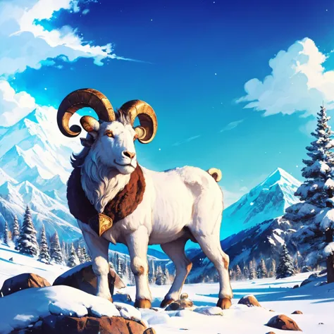 mountain goat standing on a rock in a snowy mountain landscape