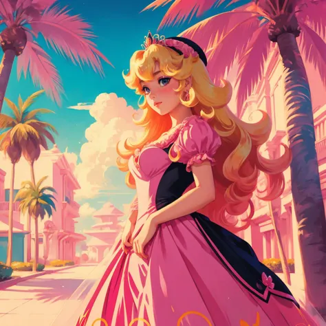 a cartoon princess in a pink dress standing on a street