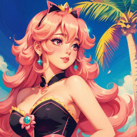 a woman with pink hair and a black top is standing in front of a palm tree