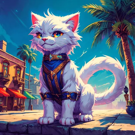 a white cat with a blue collar and a blue bandanna sitting on a stone wall