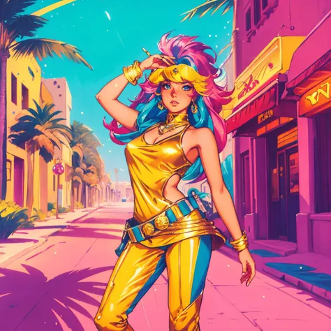 a woman in a gold outfit and blue hair standing on a street