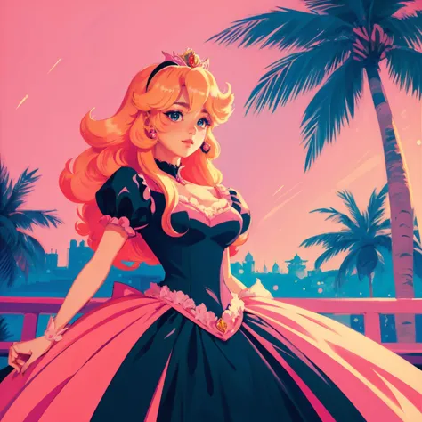 Anime-Kunstwerk von Prinzessin Peach in einem detailreichen rosa-schwarzen Kleid, von WLOP, HUD_jem_Box-Kunst, farbenfroher Retro-Kunststil, Bunter Hintergrund, Neon, Palmen, 