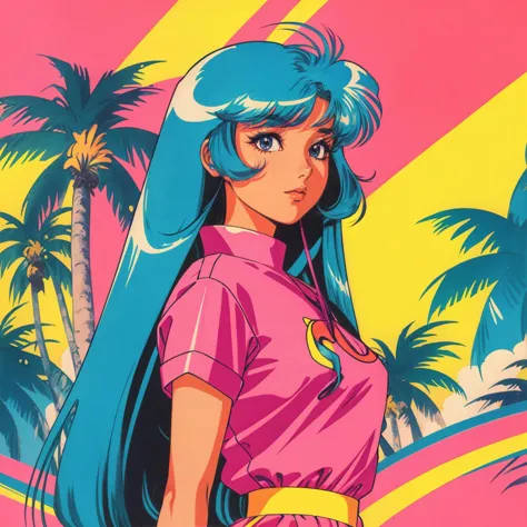 a woman with long blue hair and a pink shirt stands in front of palm trees