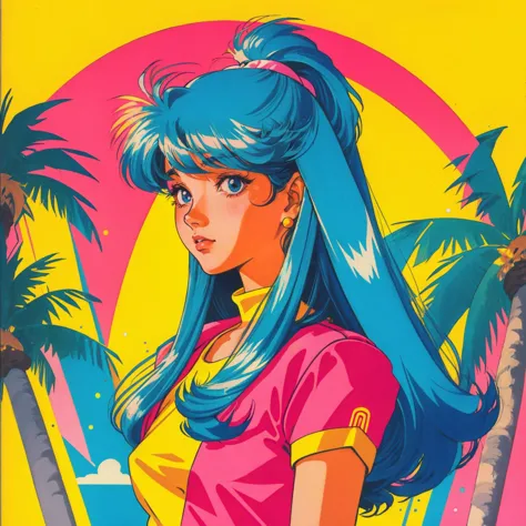 a woman with blue hair and a pink shirt stands in front of palm trees