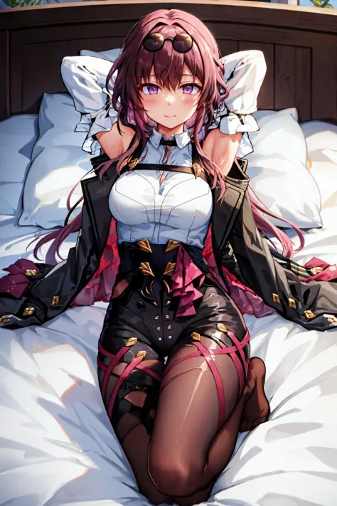 anime girl in a corset laying on a bed with her hands on her hips