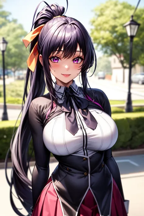 best quality, masterpiece, 1girl, (solo:1.1), raytracing, ultra detailed,detailed face, 8k wallpaper, wide hips, smile, HimejimaAkenoNDV, 1girl, black hair, large breasts, very long hair, purple eyes, red skirt, , shirt, corset, ponytail, hair ribbon, ribbon, outdoor, 