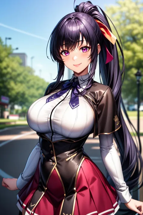 best quality, masterpiece, 1girl, (solo:1.1), raytracing, ultra detailed,detailed face, 8k wallpaper, wide hips, smile, HimejimaAkenoNDV, 1girl, black hair, large breasts, very long hair, purple eyes, red skirt, , shirt, corset, ponytail, hair ribbon, ribbon, outdoor, 