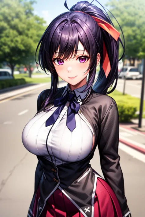 best quality, masterpiece, 1girl, (solo:1.1), raytracing, ultra detailed,detailed face, 8k wallpaper, wide hips, smile, HimejimaAkenoNDV, 1girl, black hair, large breasts, very long hair, purple eyes, red skirt, , shirt, corset, ponytail, hair ribbon, ribbon, outdoor, 