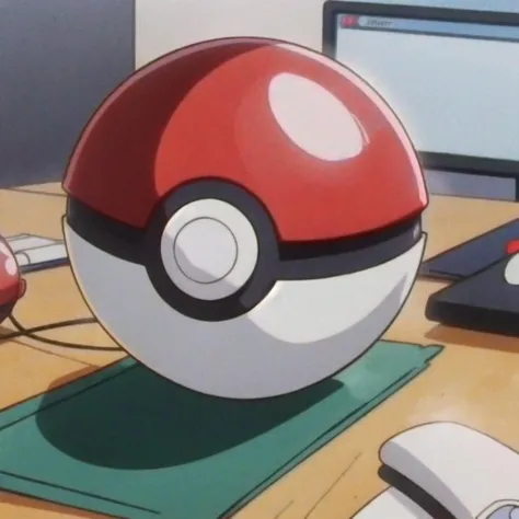 (mejor calidad, anime screencap:1.1), pokebola, en el escritorio, estilo pokemon,