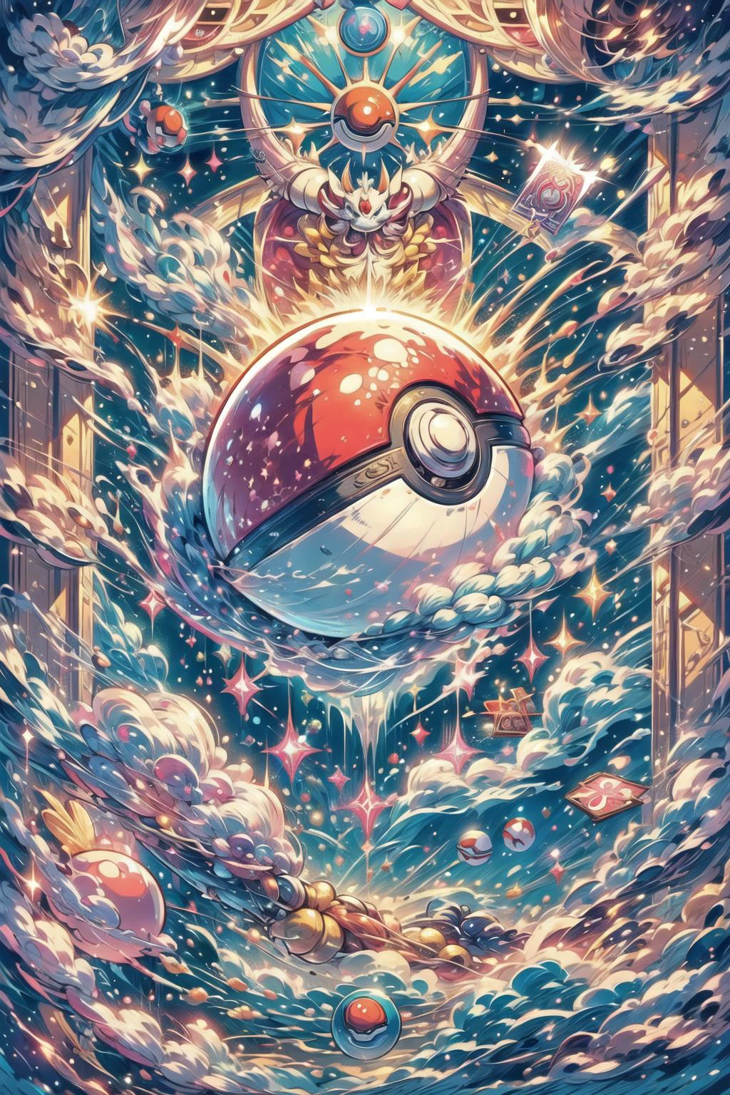 (illustration, best quality, masterpiece, official art:1.1), pokeball, tarot, no humans,