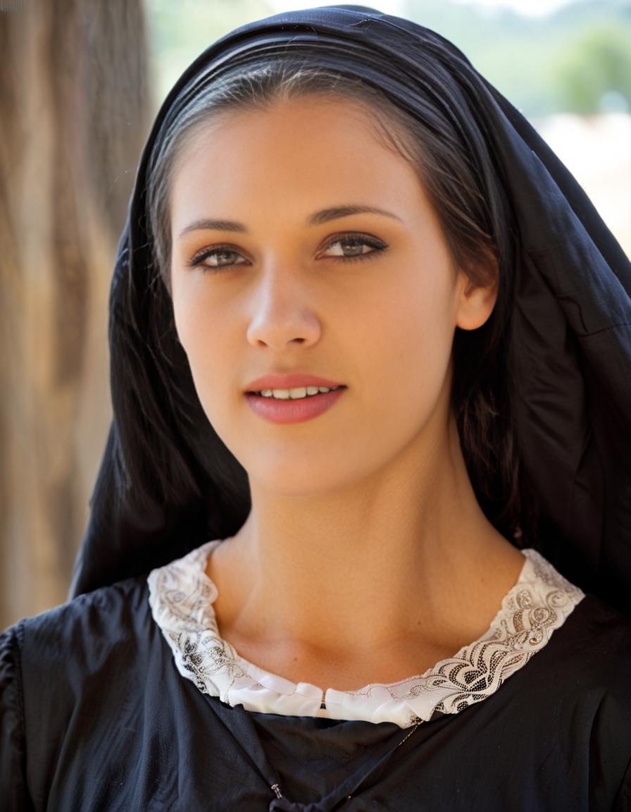 Anushka Shetty, curvy, British, 20s, catholic nun, smile, standing behind a  tree - SeaArt AI