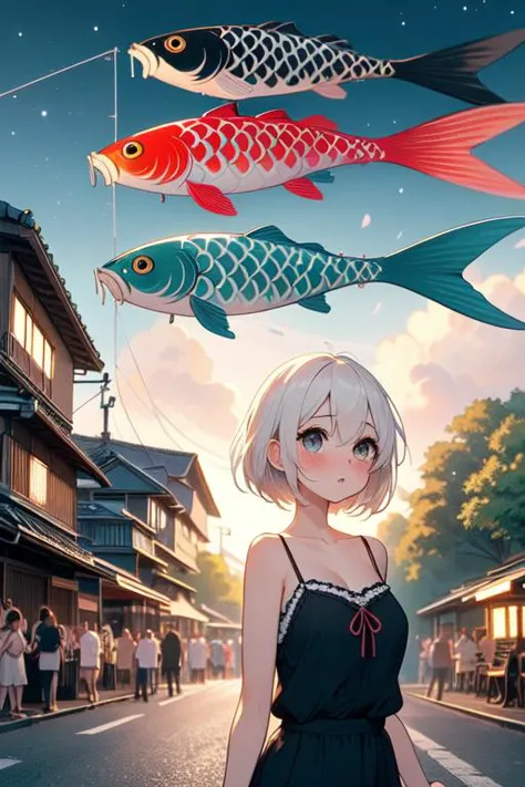 anime girl with white hair and black dress standing in the middle of a street