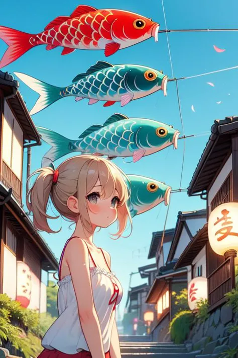 a girl is standing in front of a row of fish