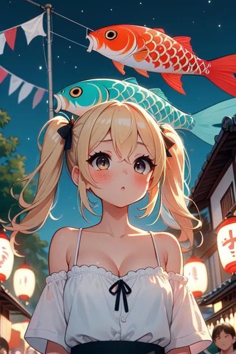 anime girl with fish on her head and a fish on her head