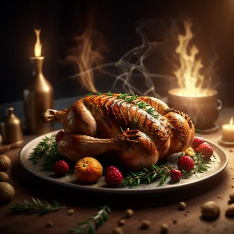 whole roasted chicken, highly stylized, 4k, unreal engine 5 render, food art, food photography, realistic render, smoke, mist, dramatic lighting, cinematic lighting, rule of thirds, depth of field, cinematic bloom, art by fodm4st3r <lyco:fodm4st3r:0.6>