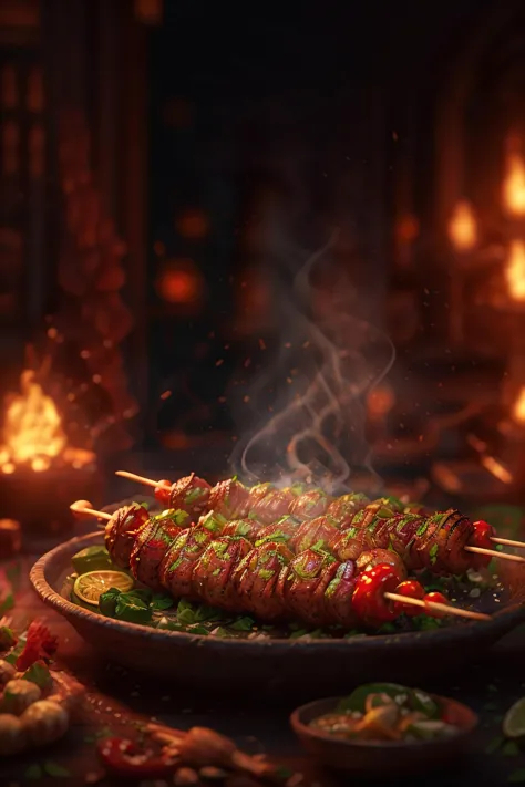 there is a plate of food with skewers on it