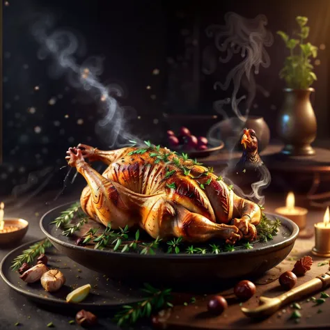 a close up of a roasting turkey on a plate with a candle