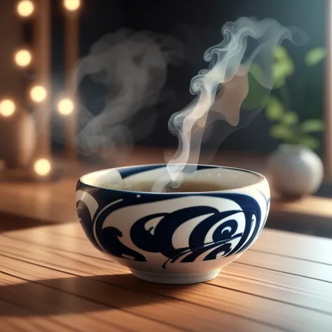 there is a bowl of hot tea on a table with a blurry background