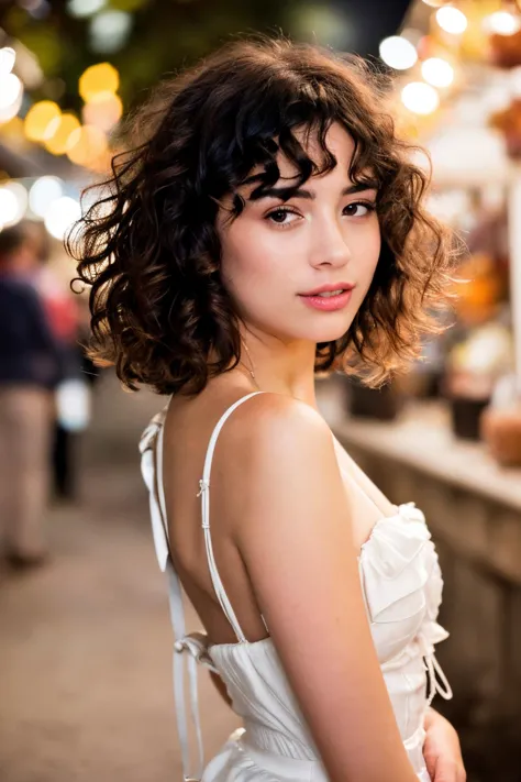 a woman with a curly hair and a white dress posing for a picture