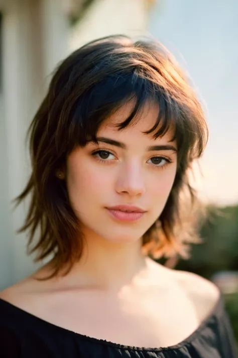 a close up of a woman with a black top and a black dress