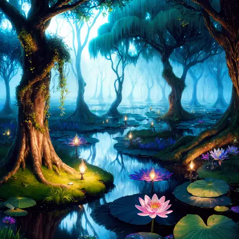 mystical and enchanting marshland that evokes both beauty and trepidation, Wisps of iridescent energy float through the air, car...
