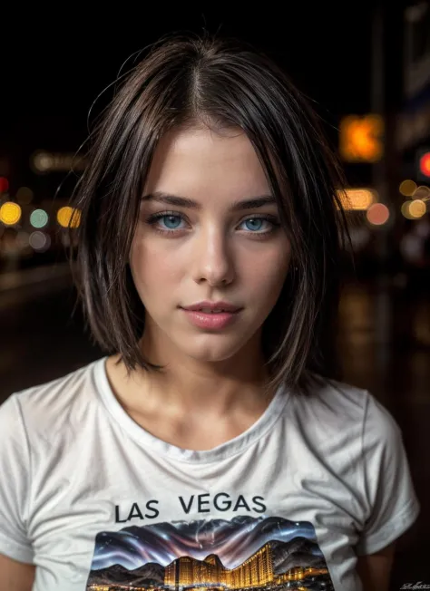 HDR, 8K resolution, intricate detail, sophisticated detail, depth of field, photorealistic, sharp focus, analogue RAW DSLR photograph, photorealistic, looking at viewer, closeup portrait, 1 girl, las vegas background, ((night out shirt)), Adr1anaCh3chik, short hair, 
