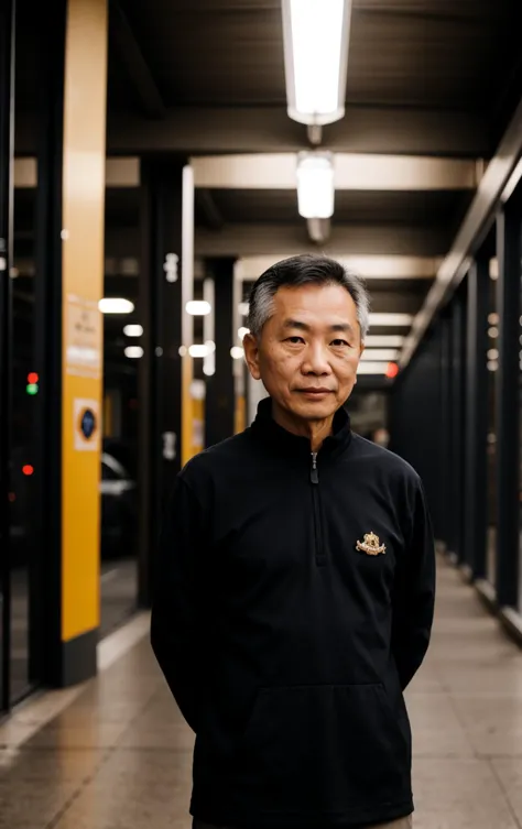 a man standing in a hallway with a black jacket on