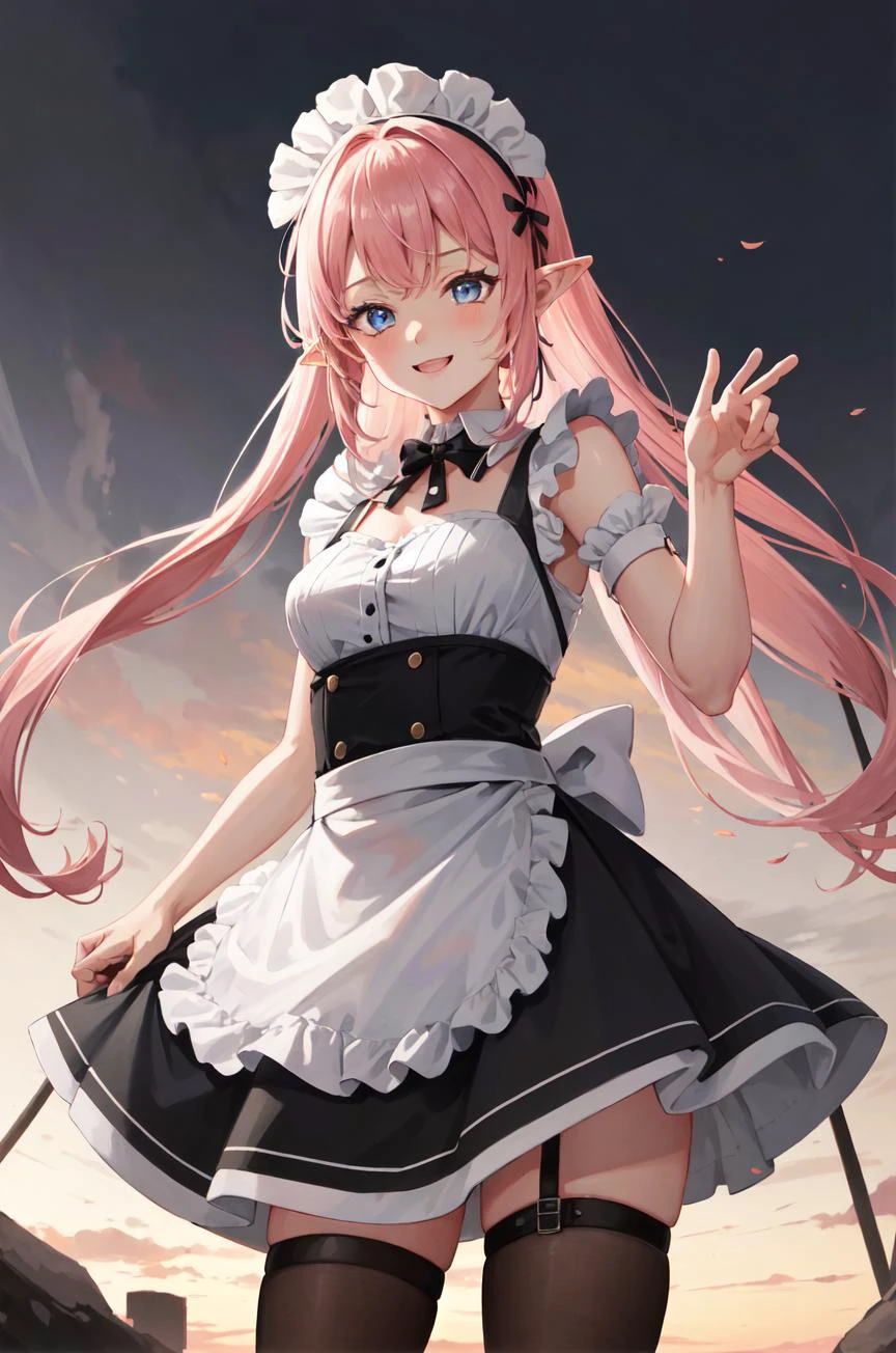solo, 1girl, long hair, pink hair, blue eyes, pointy ears, smile, standing, dynamic pose, 8k, masterpiece, best quality, absurdres, perfect anatomy, cinematic lighting, cowboy shot, (maid uniform:1.1)