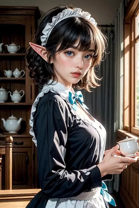 there is a woman in a maid outfit holding a cup