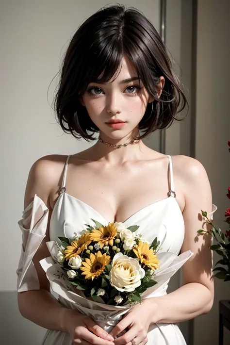 a close up of a woman holding a bouquet of flowers