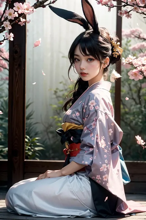 a close up of a woman in a kimono sitting on a wooden floor