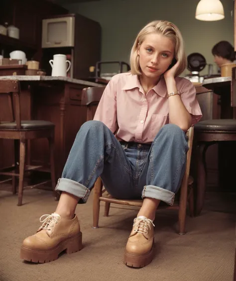 blond woman sitting on chair in kitchen with wooden table and chairs