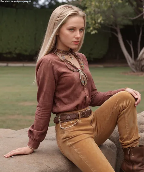 blond woman sitting on a rock in a brown shirt and tan pants