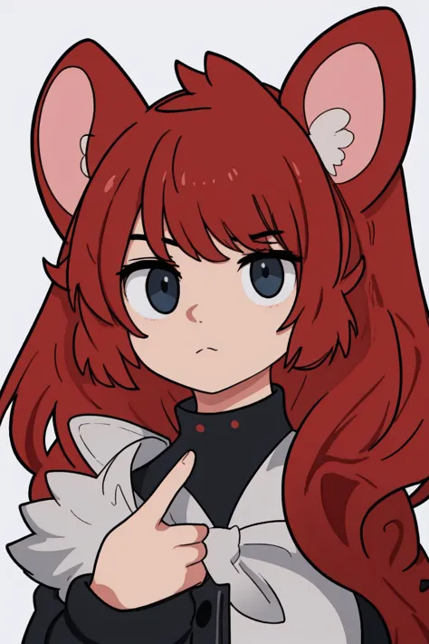 anime girl with red hair and a cat ears holding a white cat