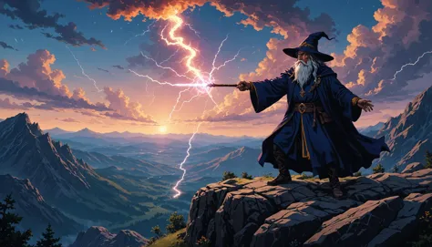 a painting of a wizard standing on top of a mountain holding a wand